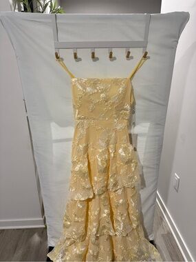 Yellow Floral Embroidered Tiered Midi Dress with Spaghetti Straps